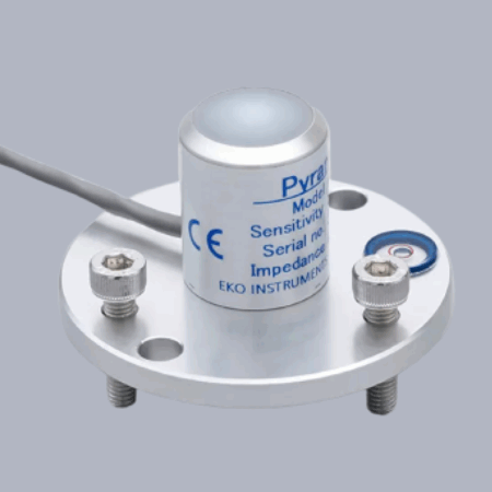 ML-01 silicon pyranometer with mounting plate and cable, shown on a light grey background.